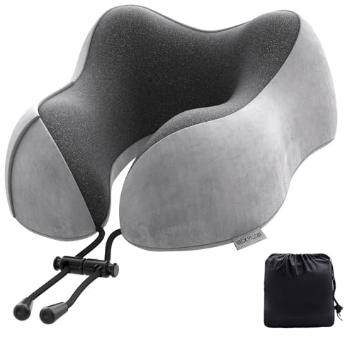 Priksia Cuscino cervicale per aeroplano, cuscino da viaggio, 100% memory foam, adatto per aerei, treni, auto, uffici e case (grigio chiaro)