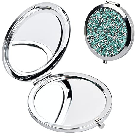 Specchio Compatto, Specchietti da Borsetta, Specchio Cosmetico Compatto con Ingrandimento 1X/2x, Trucco Specchio da Viaggio, Specchio Tascabile per Trucco, Pieghevole per Ragazze Donne, Diamante Verde