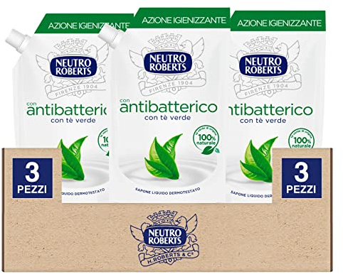 Neutro Roberts Ecopouch Ricarica Sapone Liquido Antibatterico ad Azione Igienizzante Ecoricarica con Tè Verde per Viso Mani e Corpo Dermatologicamente Testato - 3 Flaconi da 400ml
