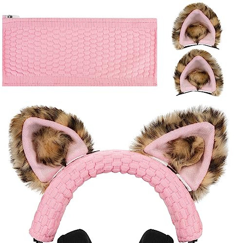 Geekria NOVA Knit Fabric Headband Cover + Cat Ears Attachment Compatible with Razer, SteelSeries, HyperX, Sennheiser, ASTRO, Sony, Logitech, ATH Headphones, Sweat Cover (Leopard Print Pink)