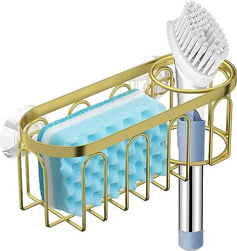 Kdaooy Sponge Holder,SUS304 Stainless Steel 2-in-1 Suction Cup Rack Caddy, No Drill Rustproof Kitchen Sink Organizer for Place Dishwashing Brush Soap and Sponge (Gold)