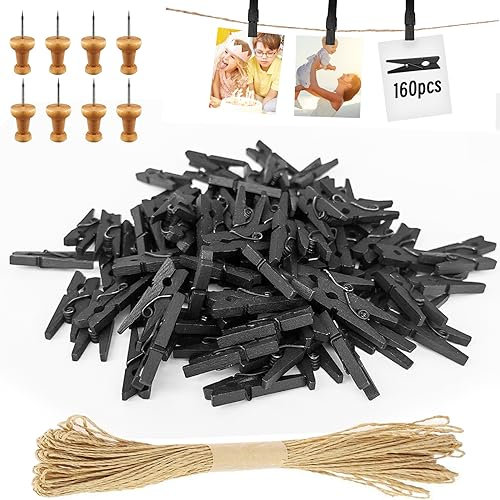 Hengxinchen 168 Piezas Pinzas Pequeñas de Madera Negro 25MM para Fotos Boda Mini Polaroid con Cuerda de Yute 10m DIY Photo Wall
