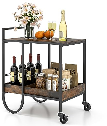 Giantex Bar Cart, 2-Tier Home Coffee Bar Serving Cart with Wine Rack for Wine Liquor Beverage Dinner Party, Rolling Small Island Cart with Lockable Wheels for Kitchen Dining Living Room