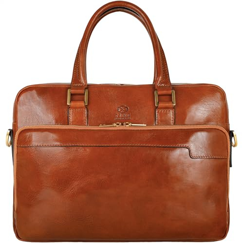 Time Resistance Aktentasche Leder Laptoptasche mit Schultergurt - Handgefertigt in Italien - Arbeitstasche - Businesstasche - Umhängetasche