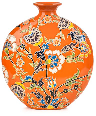 Sungmor High-Class Enamel Painted Porcelain Vase, Traditional Hand-Carved Overglaze Color Ceramic Vase for Fresh Flowers Dried Plants Arrangement, Decorative Vase for Centerpieces, Shelf, Living Room