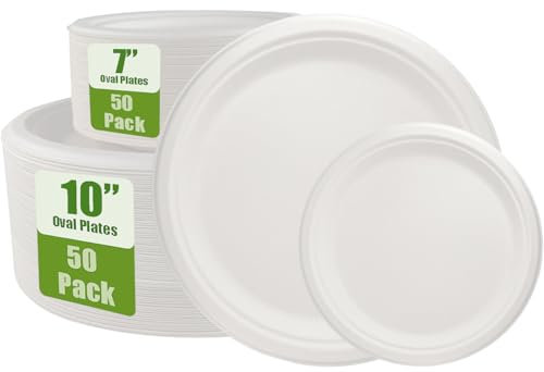 JinPhon 100pcs Vaisselle Jetable, Assiette Jetable, Biodégradables En Canne À Sucre, Assiettes En Carton Écologiques, 2 Tailles Pour Répondre À Tous Vos Besoins De Restauration, (26 CM et 18 CM)