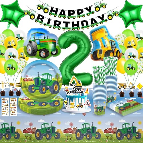 Traktor festservis barns födelsedag 2, traktor födelsedag dekoration 2 år, barns födelsedag dekoration 2 år pojke ballonger papptallrik bordsduk för pojke 16 gäster