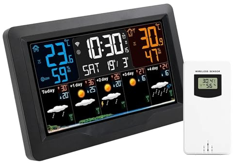 WIFI Tuya Schermo a colori Previsioni meteo Orologio da parete Termometro digitale, Display a colori Termometro digitale con orologio atomico, Pressione barometrica
