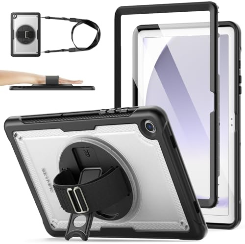 SEYMAC stock Case for Samsung Galaxy Tab A9 Plus (A9+ 11 Inch) 2023, Frosting-Anti-Slip Shockproof Case with Screen Protector [360° Rotating Stand/Hand Strap] & Shoulder Strap, Clear/Black