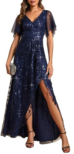 Ever-Pretty Women's Stunning Ruffle Sleeves Sequins Long A-Line Deep V Evening Gowns Navy Blue US8