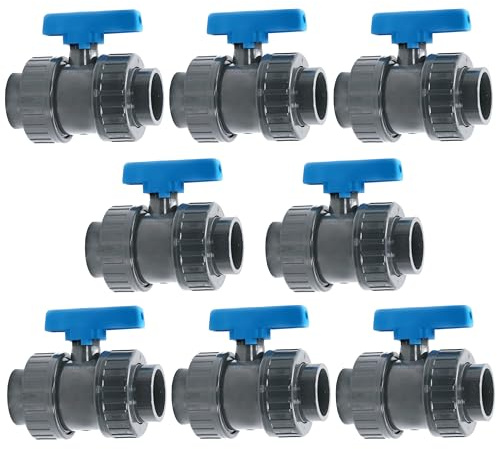 HAF 8X PVC 2 Wege Kugelhahn Blauer Griff mit 50mm x 50mm | Klebemuffe x Klebemuffe | Absperrhahn aus grauem PVC-U | PN16 für Poolfitting, Pool, Schwimmbad, Poolverrohrung, Druckleitung, Rohrleitung