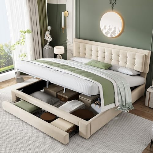 HYUB Polsterbett 180 x 200cm mit Lattenrost, Samt Gepolstertes Hydraulisch Doppelbett mit 2 Schubladen Großer Stauraum, Modernes Bettgestell mit Verstellbares Kopfteil, Beige (Ohne Matratze)