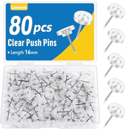 Caianwin 80 Stück Reiszwecken mit Kopf,Reißzwecken Transparente,16mm Pinnadeln Heftzwecken Weiß Reissnägel mit Aufbewahrungsbox für DIY,Wandkarten,Bulletin Board,Kork Boards