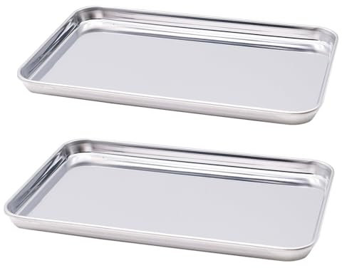 2 Pezzi Teglie da Forno in Acciaio Inox, Teglia Forno Rettangolare Antiaderente, Teglia Vassoio per Pane, Biscotti, Pizza e Torte (26.5 x 20.5 x 1.2 cm)