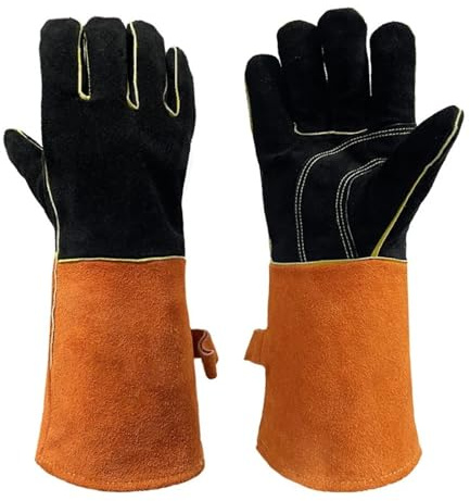 CAARLA Welding Gloves Leather Welding Protection Gloves Heavy Black Welding Gauntlets Welders Cowhide Gloves Protect Supplies Work Gloves