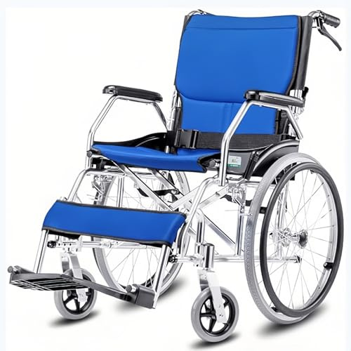 Leichter Faltrollstuhl | Ultraleichtes Design Aus Aluminiumlegierung | Sicherheitsfunktionen Mit Handbremse Und Radfeststeller | Tragkraft 220 Lbs | Verstellbare Fußstütze(Blue,Large)