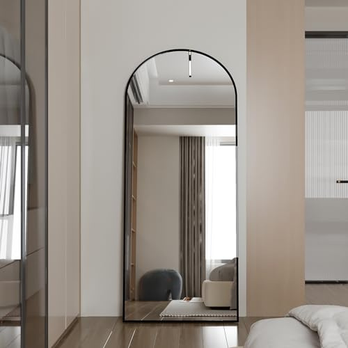 KEFSR Spiegel mit großem Bogen, 180 x 80 cm, mit Metallständer, stabiler Bodenspiegel aus gehärtetem Glas, freistehend oder zur Wandmontage, für Schlafzimmer, Garderobe (schwarz)