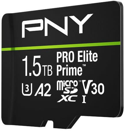 PNY Tarjeta microSD 1.5TB Pro Elite Prime Class 10 U3 V30 A2 + Adaptador SD - hasta 200MB/s, Class 10, U3, V30, A2, 4K UHD, Full HD, UHS-I