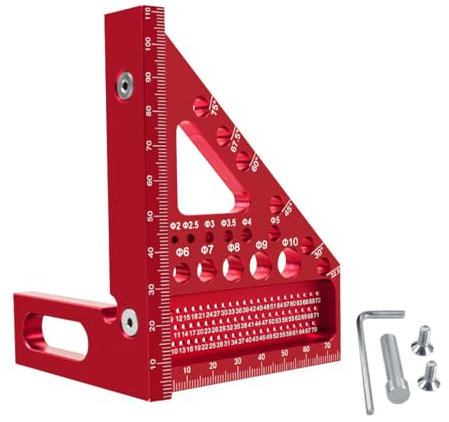 3D Squadra da Falegname con Perni Nascosti,22.5-90°Squadra da Carpentiere in Alluminio con 11 Tipi di Fori per Trapano,Squadretta Falegname per Carpentiere,Righello di Misurazione 3D,Rosso
