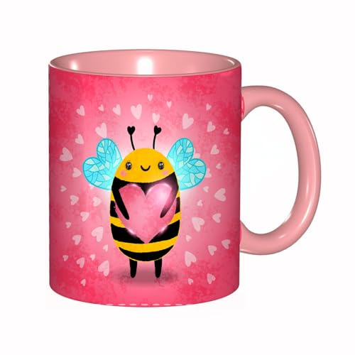 EKLMPS Tazza grande per caffè e tè a colazione - idee regalo per uomo e donna - in porcellana, 330 ml (11oz),Ape regina, amore San Valentino che tiene un cuore gigante in stile cartone animato, Cora