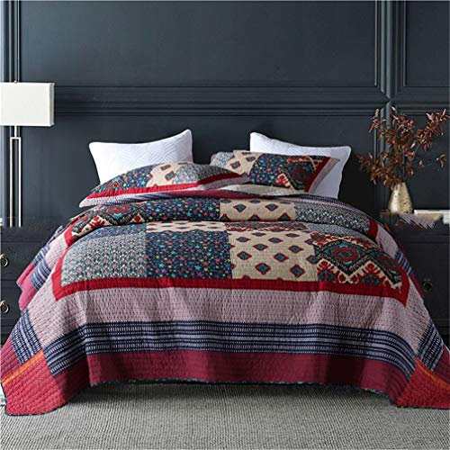 UQACHG 3-Teiliges Bettwäscheset Mit Gesteppter Tagesdecke Und Patchwork-Muster, Quadratisch, Rot/Blau, Doppelbettdecke, Bettwäsche Im Steppdesign – 230 cm X 250 cm