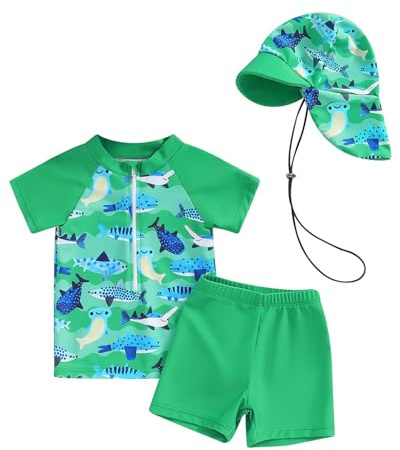 WYTbaby Traje de baño de bebé de dos piezas, ropa de protección UV de manga corta para bebé niño con sombrero para el sol, verde, 2-3 Años