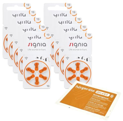 60x Signia - 13 orange - Hörgerätebatterien (10x 6er Blister) + DIREKT Reinigungstuch