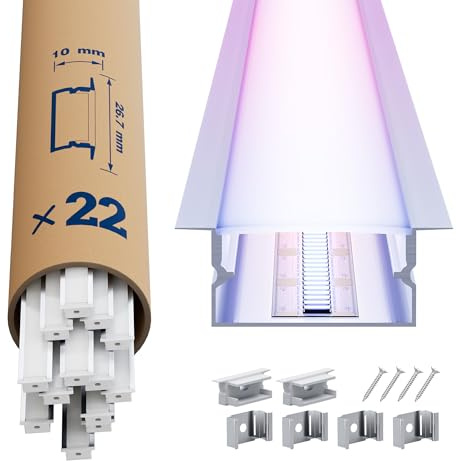 LASLUX LED Aluminium Profil 22 × 2m – U-Form Aluprofil mit weißer Abdeckung – Alu Leiste für Lichtstreifen bis 16.7 mm - 26,7 x 10mm - Led Profile Schiene Kanäle Leiste Diffusor