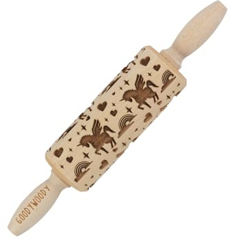 Starmann Mini Teigroller aus Buchenholz mit tiefen Prägemustern und ergonomischen Griffen | Inklusive Reinigungsbürste für müheloses Ausrollen von Teig und Kreation von Designs (Einhorn)
