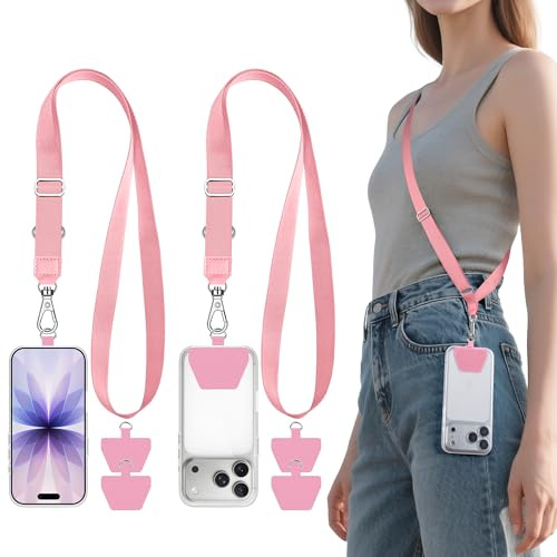 takyu 2 Pack Phone Lanyard Adjustable Strap with 4 Tethers Pink & Pink