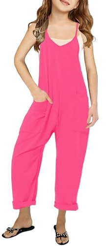 Haloumoning Girls' Casual Sleeveless Jumpsuits Spaghetti Strap Loose Romper Long Pants with Pockets