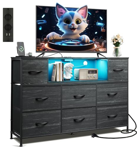 WLIVE Kommode mit Schubladen, komode Schlafzimmer mit 8 Stoffschubladen | Kommoden & Sideboards mit LED und Ladestation, Holzplatte und Stabiles Stahlgestell für Wohnzimmer, Anthrazit Holzdekor