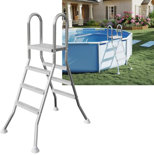 YUENFONG Échelle de piscine en acier inoxydable - 165 cm de hauteur avec 3 marches - Antidérapante - Pour piscine et piscine - Argenté - 132 x 54 x 32,5 cm