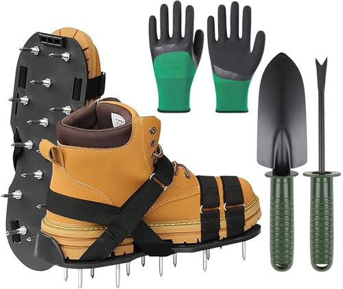 MYSHELL Lawn Aerator Shoes, Spike Shoes for Self Levelling Floor, Long Spiked Aerating Sandals for Yard Patio Garden Grass Lawn, with Work Gloves/Stainless Steel Shovel Clearing Away Debris Easily