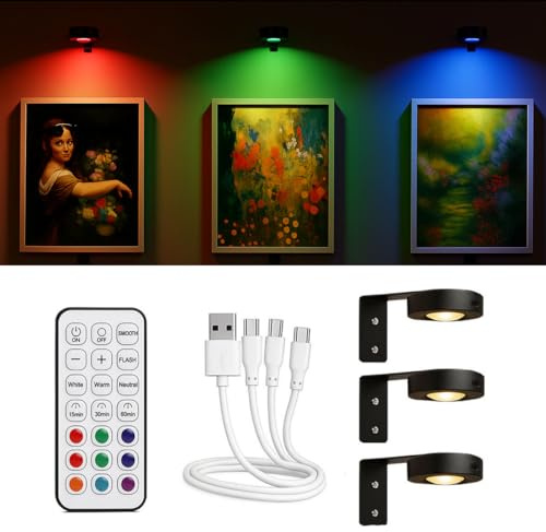 Epochglo Rechargeable RGB LED Wall Lights (Set of 3), Battery Operated Wireless Picture Lights with Remote, Dimmable, Cordless Magnetic Wall Mount, for Artwork Display, Bedroom, Living Room, Bathroom