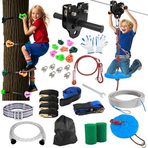 Dollate 180FT Zip Lines for Kids and Adults Outdoor: 400LBS Capacity Updated Removable Design Trolley,Safety Harness,Thickened Seat,Quick Tighten Zipline Kits for Backyard