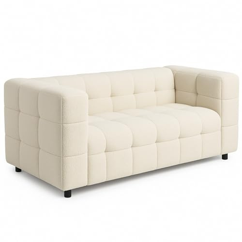 IDMarket - Canapé Droit 2 Places capitonné AMANCE en Tissu Bouclette Beige