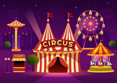 CORFOTO 1.8x1.2m Sfondo per Carnevale di Circo Rosso Cartone Animato Tenda da Circo Sfondo Fotografico Tenda da Circo Sfondi per Feste Giostra Biglietteria Striscione di Compleanno