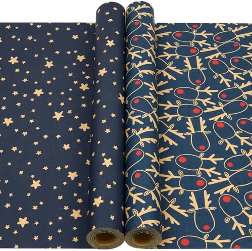 2 rollos de papel de regalo azul, 43 cm x 12 m, papel de regalo navideño kraft con estampado de alce y estrella para decoración de fiestas de cumpleaños y Navidad.