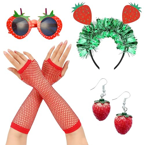 Rtyuio Conjunto de disfraz de fresa para mujer, diadema de fresa, sombrero, gafas, pendientes y guantes, accesorios para Halloween, carnaval y eventos de disfraces