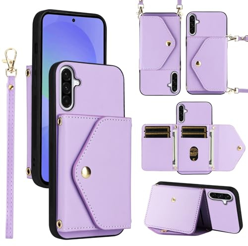ELISORLI Wallet Case for Samsung Galaxy A56 5G Kickstand Women Men Purple | Wrist Strap Shoulder Strap, PU Leather Card Slots Purse, Accessories Cell Phone Cover for A 56 56A LTE