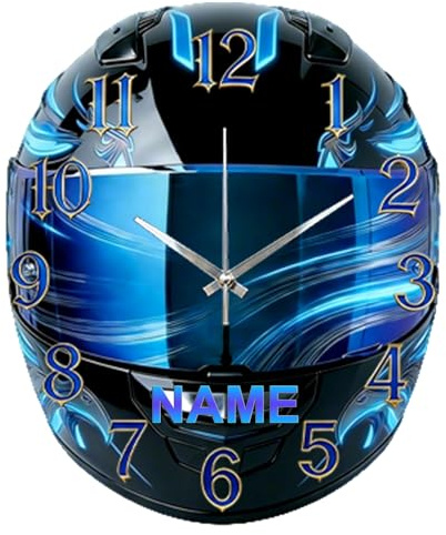 HSAEANZL Personalized Helmet Design Wall Clock with Name Customize Racing Helmet F1 Theme Clock Wall Decoration Clocks for Racing Drivers Motorcycle Enthusiasts Motorcycle Enthusiasts (Black)