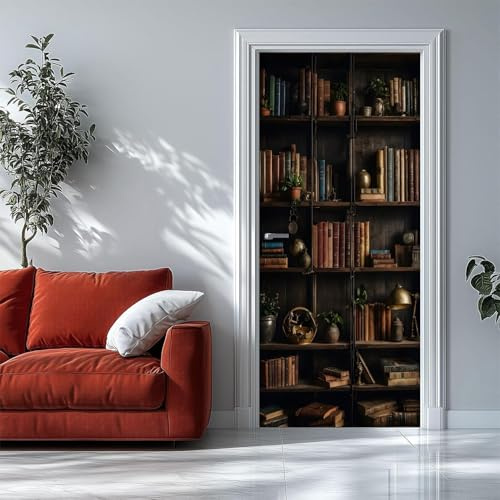 Türtapete Selbstklebend 77x200 Fenster Türfolie Türposter Bücherregale und Bücher Vintage-Stil Türklebefolie Wandbild Türaufkleber Wandtapete 3D Effekt für Wohnzimmer Schlafzimmer Küche