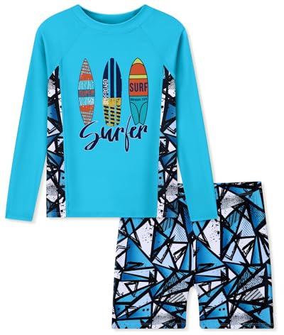 Ghteas Boys 2 Pieces Rash Guard Sun Protection Long Sleeve Kid Swimsuits Quick Dry Swim Shirt Trunks for Boys Blue Water Sports Beach Swim Suit Boys Boys Swimsuits Size 10