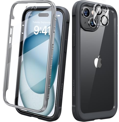 Diaclara für iPhone 15 Hülle 360 Grad Militärschutz, Schwarz | Integrierter Displayschutzfolie, Kameraschutz, Stoßfest Kratzfest Schutzhülle, Handyhülle Case für iPhone 15 6,1