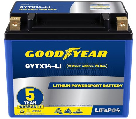 Goodyear GYTX14-LI Lithium LiFePO4 12.8V 400CCA Rechargeable High Performance Powersport Battery with Smart BMS Replacement for Motorcycle, ATV, UTV, Scooter, Watercraft, Jet Ski, and Snowmobile