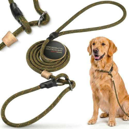 Themahund Moxonleine mit Zugstopp & Handschlaufe, 6 mm, 100 cm, Oliv | Geweih-Stopper handgefertigt, Retrieverleine & Schlupfleine für Training, Jagd & Hundeschule