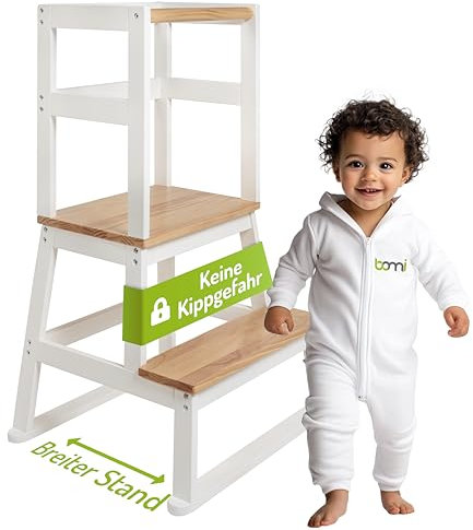 BOMI® Swubi Montessori Lernturm ab 1 Jahr | Sicherer Tritthocker Kinder 2 Stufen | Learning Tower für Kind & Baby aus Holz | Schemel, Lernstuhl als Stehhilfe, Tritthocker Holz, Kinderhocker Weiß Natur