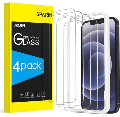 SPARIN Protector de Pantalla para iPhone 12 y iPhone 12 Pro, Cristal Templado con Marco de Alineación, 4 Piezas
