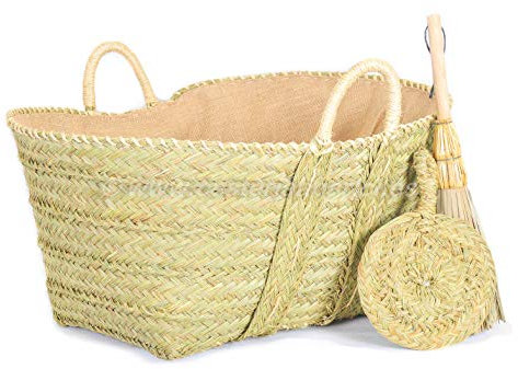 Cestería Aparici - PACK Leñero de Esparto FORRADO GRANDE (65cm) + Kit Escobilla y Aventador. Cesto Artesanal XXL para Chimenea y Almacenaje Decorativo Rústico. (65x45x36 cm, Ref. 7149-3)